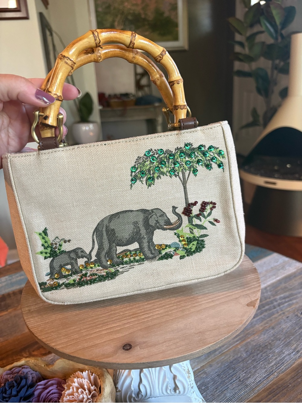 Relic Elephant Bamboo Handle Satchel Crossbody Bag Embroidered Sequin Canvas